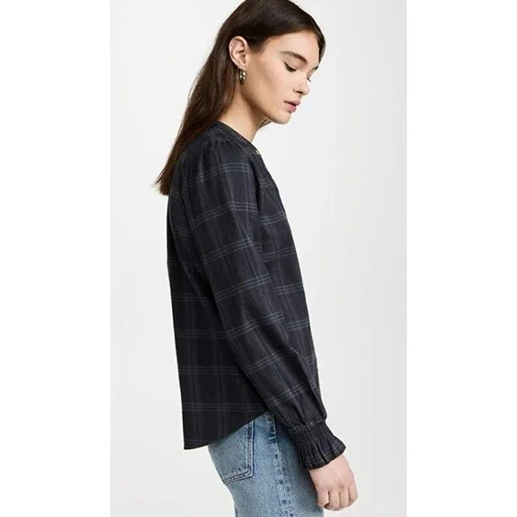 Faherty Women XL Harper Top Black Plaid Organic Cotton Button Front Relaxed - Picture 2 of 7